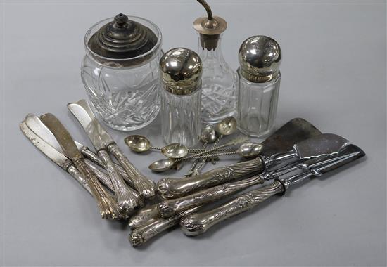 A collection of silver mounted bottles etc